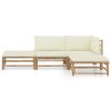 4 Piece Patio Lounge Set with Cream White Cushions Bamboo